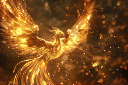 Majestic flaming phoenix firebird with sparkling flames on dark fiery backgroundの素材