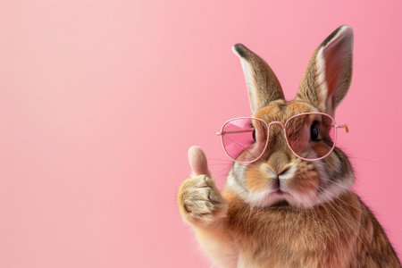 Easter bunny in sunglasses giving thumbs up on pastel background with copy spaceの素材