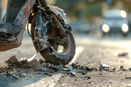 Close-up view of a heavily damaged electric scooter on the street following a dramatic crash impactの素材