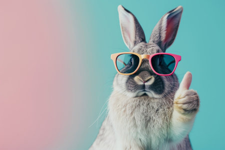 Easter bunny rabbit in sunglasses showing thumbs up on pastel background with copy spaceの素材
