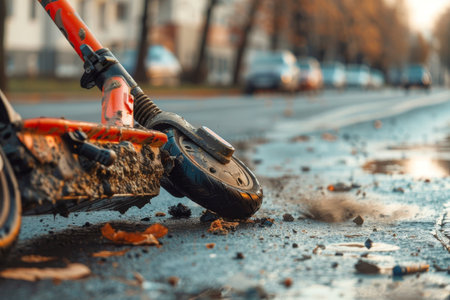 Close-up of severely damaged electric scooter on street, highlighting crash impactの素材