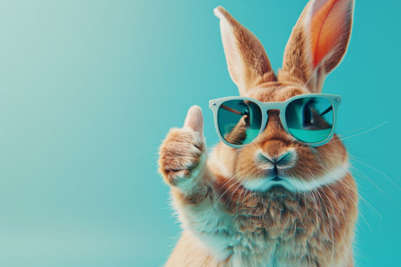 Easter bunny rabbit in sunglasses giving thumbs up on pastel background with copy spaceの素材