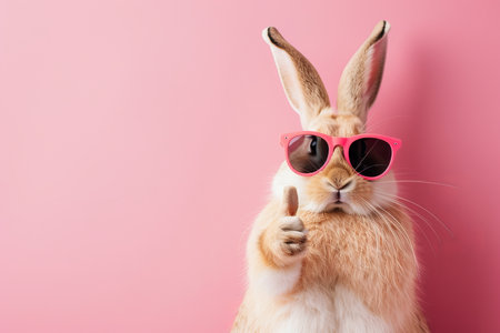 Cute easter bunny in sunglasses giving thumbs up on pastel background with copy spaceの素材