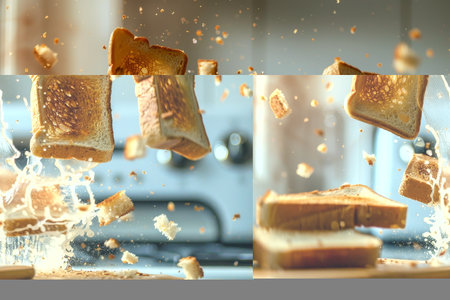 Morning toast slices popping out of toaster, breakfast image with fresh baked breadの素材