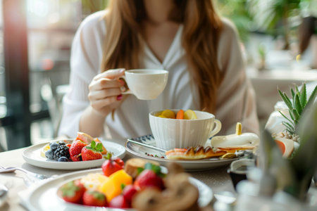 Healthy breakfast in restaurant. Woman eating nutritious meal. Close up of delicious foodの素材