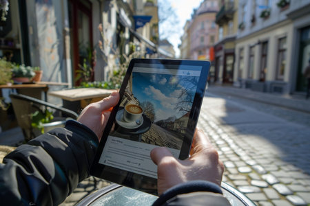 Man latest news browsing online on tablet, enjoying coffee at outdoor cafe on city streetの素材