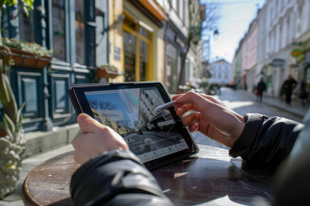 Young man enjoying coffee at city cafe while browsing online news on tablet deviceの素材
