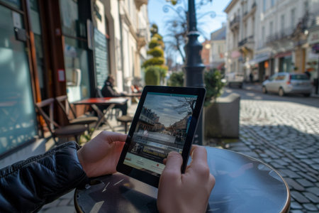 Man sitting at outdoor city cafe, drinking coffee and catching up on latest news on digital tabletの素材