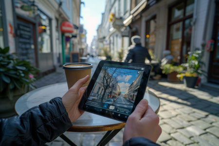 Man enjoying morning coffee at cafe in city street while reading news on tablet screenの素材