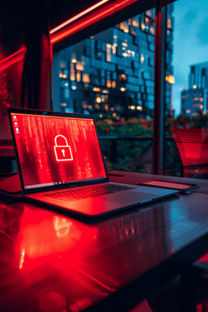 Cyber security importance in modern office. laptop, padlock, and data protectionの素材
