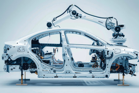 Automobile factory with robot welding passenger car body on white background in manufacturing plantの素材