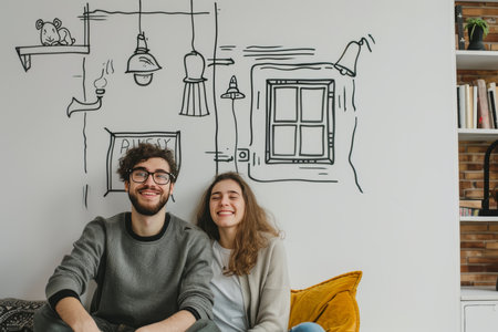 Happy couple dreaming of new home with window, lamp, bookcase, and painting on white wallの素材
