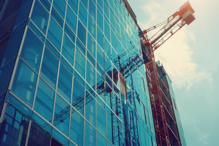 Sunny day construction site with modern office building and crane constructing a mirrored facadeの素材