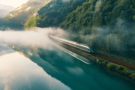 High speed train crossing foggy morning lake - sustainable rail transport in natureの素材