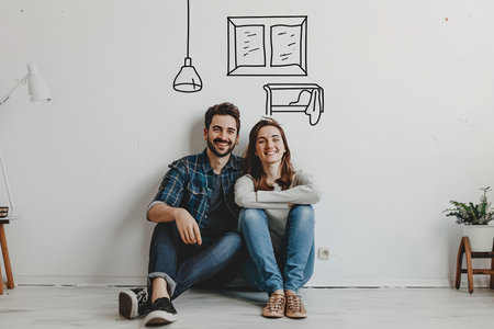 Happy couple dreaming of new home with window, lamp, cot, bookcase, and painting on wallの素材