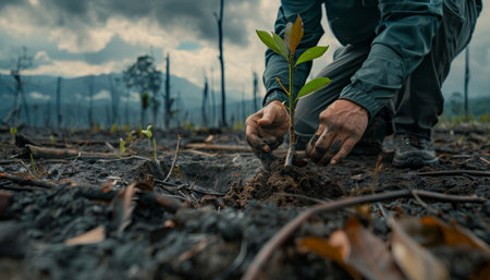 Business leader planting tree to restore deforested area, showing environmental commitmentの素材