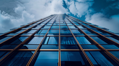Symmetrical glass-adorned tall building with numerous windows standing proudly in the city skylineの素材