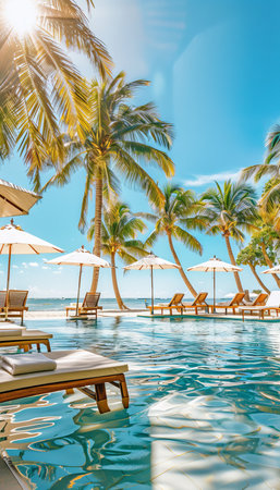 Luxury beach resort hotel with swimming pool and palm trees - vacation backgroundの素材