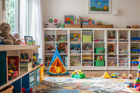 Organized children's playroom with toys, books, and play area - interior design inspirationの素材