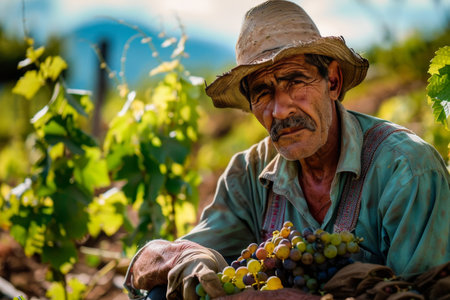 Harvesting grapes in vineyard. agriculture worker collecting ripe grapes from grapevinesの素材