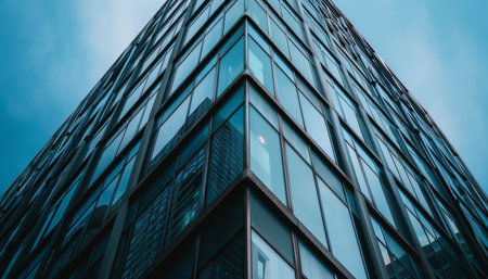 Modern high-rise building with symmetrical facade and glass panels in city skylineの素材