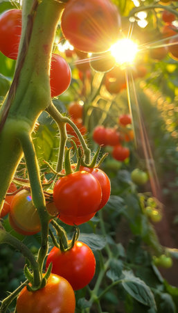 Bountiful tomato garden with vine-ripened red tomatoes in sunlight, natures seasonal abundanceの素材