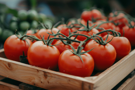 Organic red tomatoes on summer tray at farmers market, fresh local agriculture farm produce saleの素材