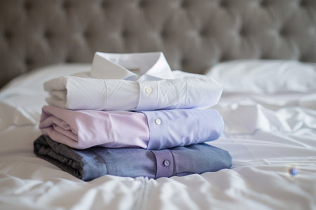 Mens classic shirts on white bed background for high-quality apparel stock photoの素材