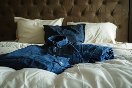 Mens classic shirts on white bed background, high-quality clothing displayed for saleの素材