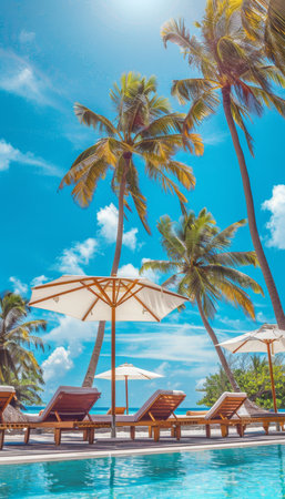 Luxury beach resort hotel swimming pool with leisure beach chairs and palm trees in sunny seasideの素材