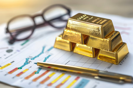 Stack of gold bars and compliance tools on monitoring charts for regulatory indicatorsの素材