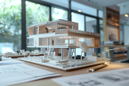 Architect designing, sketching plans, and making architectural construction models at homeの素材