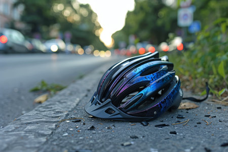 Close-up of bicycle helmet and bike on urban street following automobile collisionの素材