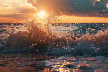 Vibrant colored ocean wave crashing on beach at sunset time with beautiful yellow skyの素材