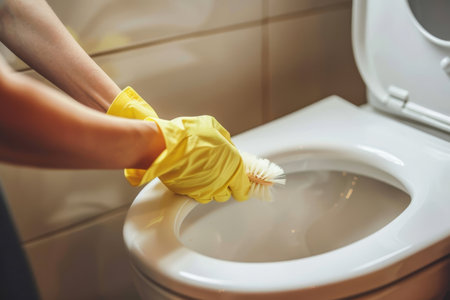 Hygienic toilet cleaning. effective demonstration with brush for sterile bathroom maintenanceの素材
