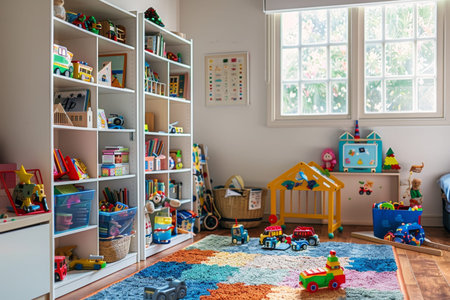 Tidy child s playroom with toys, books, and dedicated play space for organized playtimeの素材