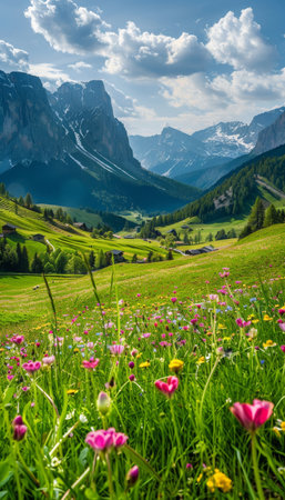 Sunny day in the alps high quality image of idyllic spring mountain landscape with blooming meadowsの素材