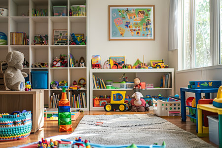 Spacious and organized kids playroom with various toys, books, and designated play area for childrenの素材
