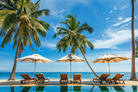 Luxurious beach resort with pool, palm trees, and blue sky for outdoor tourism landscapeの素材