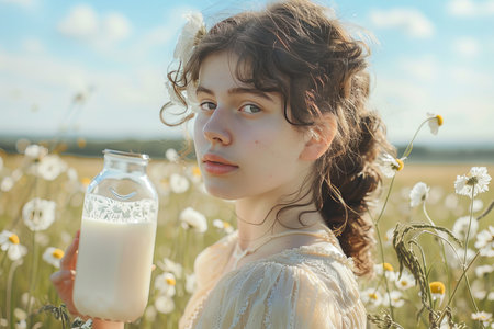 Beautiful young woman in white dress holding bottle of freshly sourced organic milkの素材