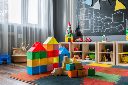 Kids playroom with educational blocks and chalkboard, ideal for preschoolers and kindergartenersの素材