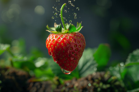 Close up shot of ripe strawberry in selective focus falling down in high quality imageの素材