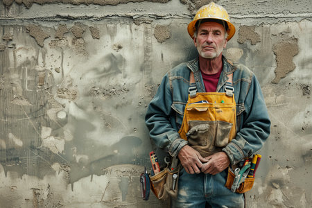 Maintenance worker with tool kits in front of rough wall portrait of man at workの素材