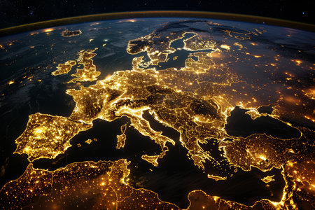 High-quality aerial view of illuminated europe at night captured from space by nasaの素材