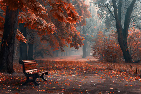 Picturesque autumnal park landscape with colorful fall foliage and serene scenic viewsの素材