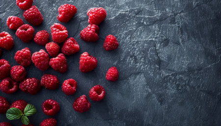 Top view of fresh sweet red raspberries, high quality image of juicy organic berriesの素材