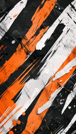 Contrasting white and orange shapes on bold black background with elegant stripesの素材