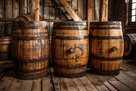 Artisan beer brewing in wooden barrels at rustic countryside barn for local craft beer promotionの素材