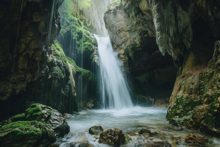 Majestic cave waterfall underground river cascading in high quality image with white backgroundの素材