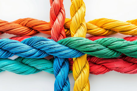 Colorful braided ropes on white background symbol of unity, diversity, and teamworkの素材